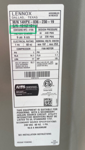 Air conditioner label with R410-A refrigerant home inspector jacksonville fl